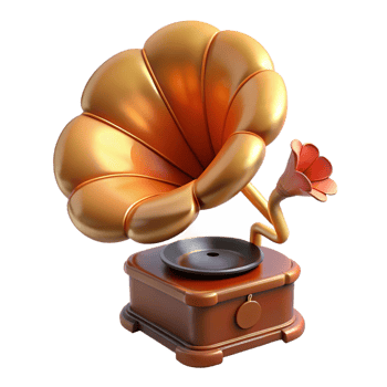reflective enchanting Professional render, concept art style, isolated cutout of a floating, antique gramophone playing a single, wilting flower with Transparent Background original png