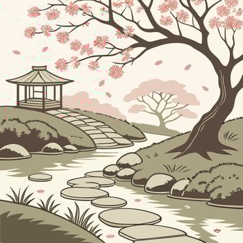 Japanese spring garden pattern with cherry blossoms, stone paths, and pond reflections vector