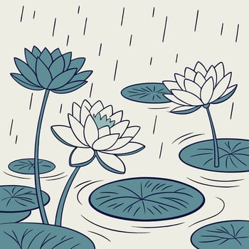 Seamless pattern of blooming blue water lilies and lotus flowers floating on rainy puddles, soft ripple effect most beauty vector