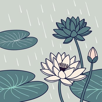 Seamless pattern of blooming blue water lilies and lotus flowers floating on rainy puddles, soft ripple effect vector
