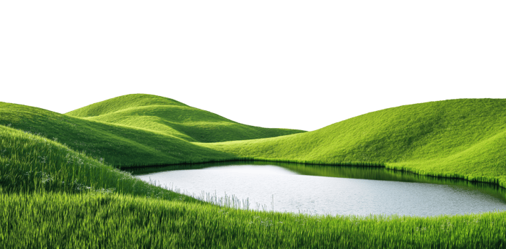 Landscape with lake surrounded with green hills, isolated on a transparent background png