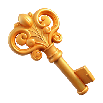 harmonious sumptuous Concept art style, isolated cutout of an Art Nouveau key, ornate brass design with flowing floral and foliate motifs with Transparent Background 8K png