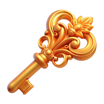 whimsical elegant Concept art style, isolated cutout of an Art Nouveau key, ornate brass design with flowing floral and foliate motifs with Transparent Background luxury png