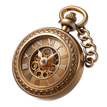peaceful striking Steampunk pocket watch with Roman numerals and ornate filigree with Transparent Background detailed png