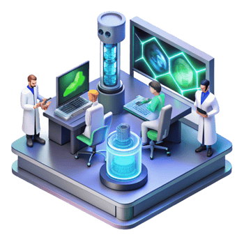distinguished vintage A futuristic laboratory filled with advanced technology, glowing screens, scientists working in the background, isometric view top tier png