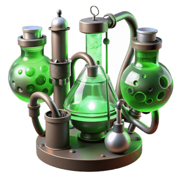 reflective dazzling A steampunk laboratory, filled with bubbling beakers, sparking wires, and strange contraptions, bathed in the eerie green light of chemical reactions perfect clarity png