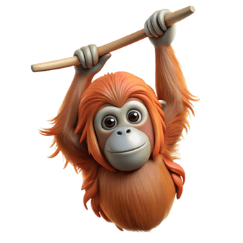 wonderful calm coastal Photorealistic, professional render, isolated cutout of a single orangutan, hanging from an invisible branch with Transparent Background 8K png