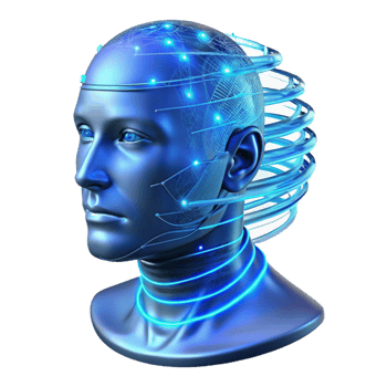 impressive reflective geometric A transparent human head filled with swirling lines of code, illuminated from within by a pulsating blue light, cyberpunk style top tier png