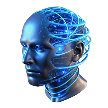 memorable coastal A transparent human head filled with swirling lines of code, illuminated from within by a pulsating blue light, cyberpunk style handcrafted png
