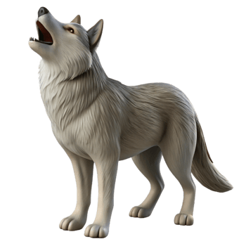 dazzling bold modern Photorealistic professional render, isolated cutout of a single wolf howling with Transparent Background exclusive png