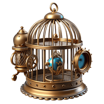 pristine impressionist Steampunk birdcage with intricate metalwork and a clockwork bird with Transparent Background 4K png