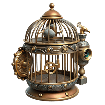 splendid standout Steampunk birdcage with intricate metalwork and a clockwork bird with Transparent Background png