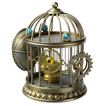 breathtaking creative Steampunk birdcage with intricate metalwork and a clockwork bird with Transparent Background expertly shot png