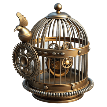 dramatic pristine Steampunk birdcage with intricate metalwork and a clockwork bird with Transparent Background 8K png