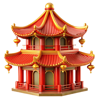 dazzling dreamy art deco A traditional Chinese pagoda, intricate carvings, red and gold details, vibrant sunlight, oriental style, precision png
