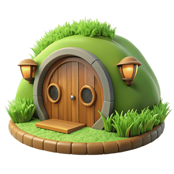 exquisite distinctive A hobbit hole built into a hillside, round wooden door, lush green grass, idyllic atmosphere, fantasy style, png