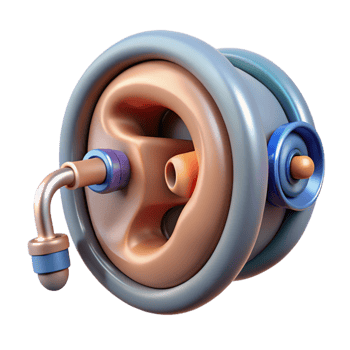 serene abstract Hyper-specific, professional render of a biomechanical ear with internal speakers and microphones, isolated cutout with Transparent Background authentic png