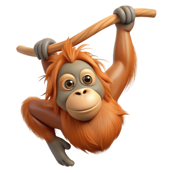 sumptuous calm retro Orangutan, hanging from a branch branch not visible with Transparent Background fine detail png
