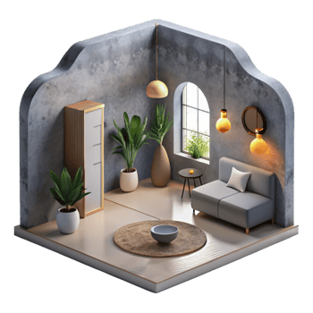 extraordinary rustic Minimalist Virtual Interior with Gray Walls Cutout professional png