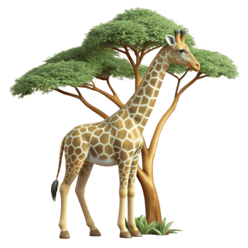 memorable baroque A graceful giraffe reaching for leaves on a tall tree, African savanna setting, realistic rendering professional png
