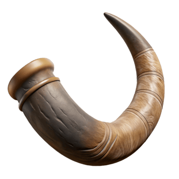 splendid harmonious retro Ultra-detailed, photorealistic, isolated cutout of a single Minotaur horn, textured and scarred with Transparent Background museum quality png