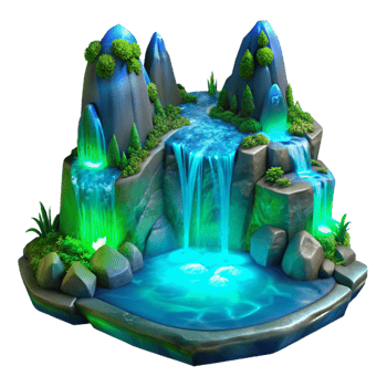 dramatic rustic Mystical Forest Waterfall with Blue Green Luminescence Transparent Background high quality png