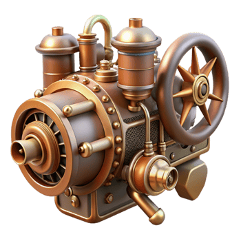 spectacular unparalleled Steampunk airship engine with pistons, gears, and copper pipes with Transparent Background png