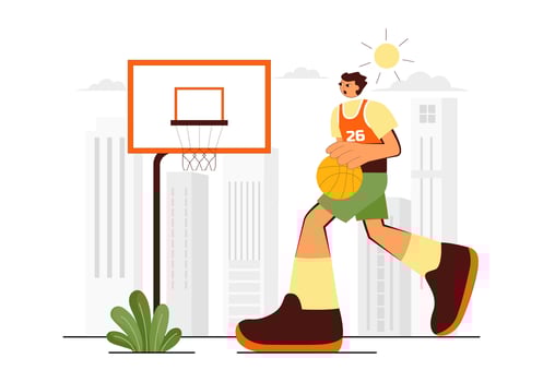 Flat Style of a Happy Young Man Playing Basketball in a Tournament Court Scene vector