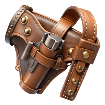 radiant classic Steampunk gun holster with leather straps and metal buckles with Transparent Background studio quality png