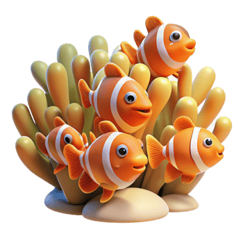 enchanting harmonious artistic A school of vibrant clownfish swimming amongst a coral reef, illuminated by underwater sunlight, rendered in a vibrant, graphic style studio quality png