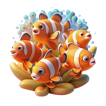 picturesque passionate coastal A school of vibrant clownfish swimming amongst a coral reef, illuminated by underwater sunlight, rendered in a vibrant, graphic style sharp png