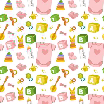 Seamless pattern with baby clothes, accessories and wooden toys. Montessori toys. vector