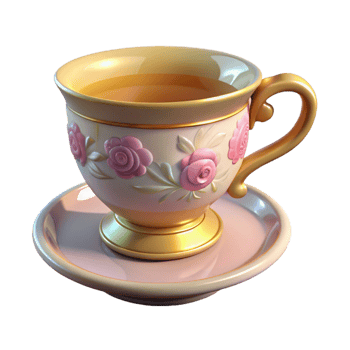 sumptuous ethereal traditional Hyper-specific professional render, isolated cutout of an Art Nouveau teacup, porcelain, delicate floral pattern, gold rim with Transparent Background detailed png