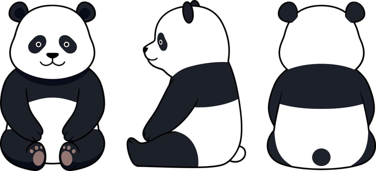 Cute panda character in playful poses showcasing flat design style in three views, perfect for childrens projects and educational materials, illustration vector