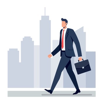 Professional businessman walking confidently in a suit with a briefcase in a flat urban skyline illustration vector