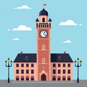 Historic clock tower in a charming town square with flat design art showcasing detailed architecture and a vibrant blue sky vector