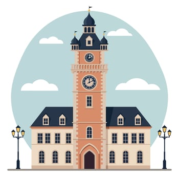 Elegant clock tower building in flat design style surrounded by street lamps and clouds in bright art vector