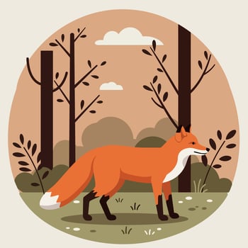 A solitary fox walking through a tranquil forest setting in a flat design style art vector