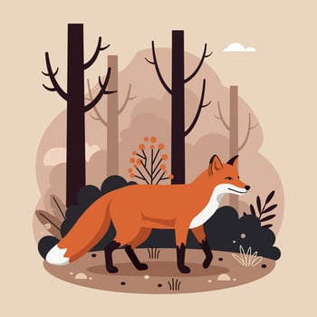 A vibrant orange fox walking gracefully through a stylized forest with minimalistic trees and plants in flat art vector