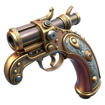 melancholic vibrant Steampunk pistol with ornate engravings and pearl grips with Transparent Background refined png