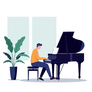 A man in casual clothing playing a grand piano with a large green plant nearby in a minimalistic interior illustration vector