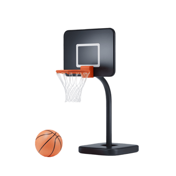 A modern, minimalist 3D model of a basketball hoop and ball, perfect for digital sports or home decor imagery. png
