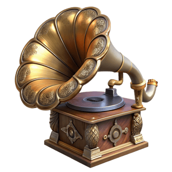 radiant peaceful classic Steampunk gramophone with a large horn and ornate carvings with Transparent Background luxury png