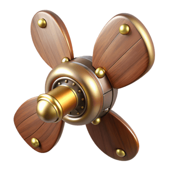 splendid memorable Steampunk airship propeller made of polished wood and brass with Transparent Background png
