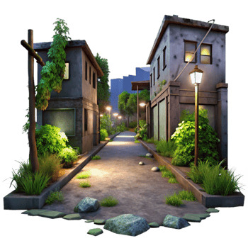 vibrant rustic Overgrown City Street at Night Cutout Transparent Background exclusive png