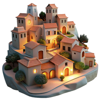 impressive artistic Peaceful Vespera Village Isolated Hillside Homes at Dusk detailed png