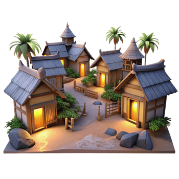 vibrant rustic Picturesque Village at Dusk Isolated Warm Lighting high resolution png