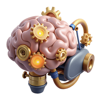 serene avant-garde Steampunk brain with gears, pipes, and glowing synapses with Transparent Background premium png
