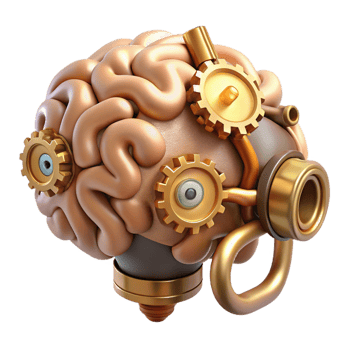 wonderful inspired Steampunk brain with gears, pipes, and glowing synapses with Transparent Background png