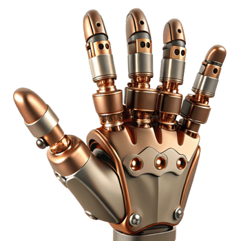 iconic retro Steampunk robotic hand with articulated fingers and copper wiring with Transparent Background ultra HD png